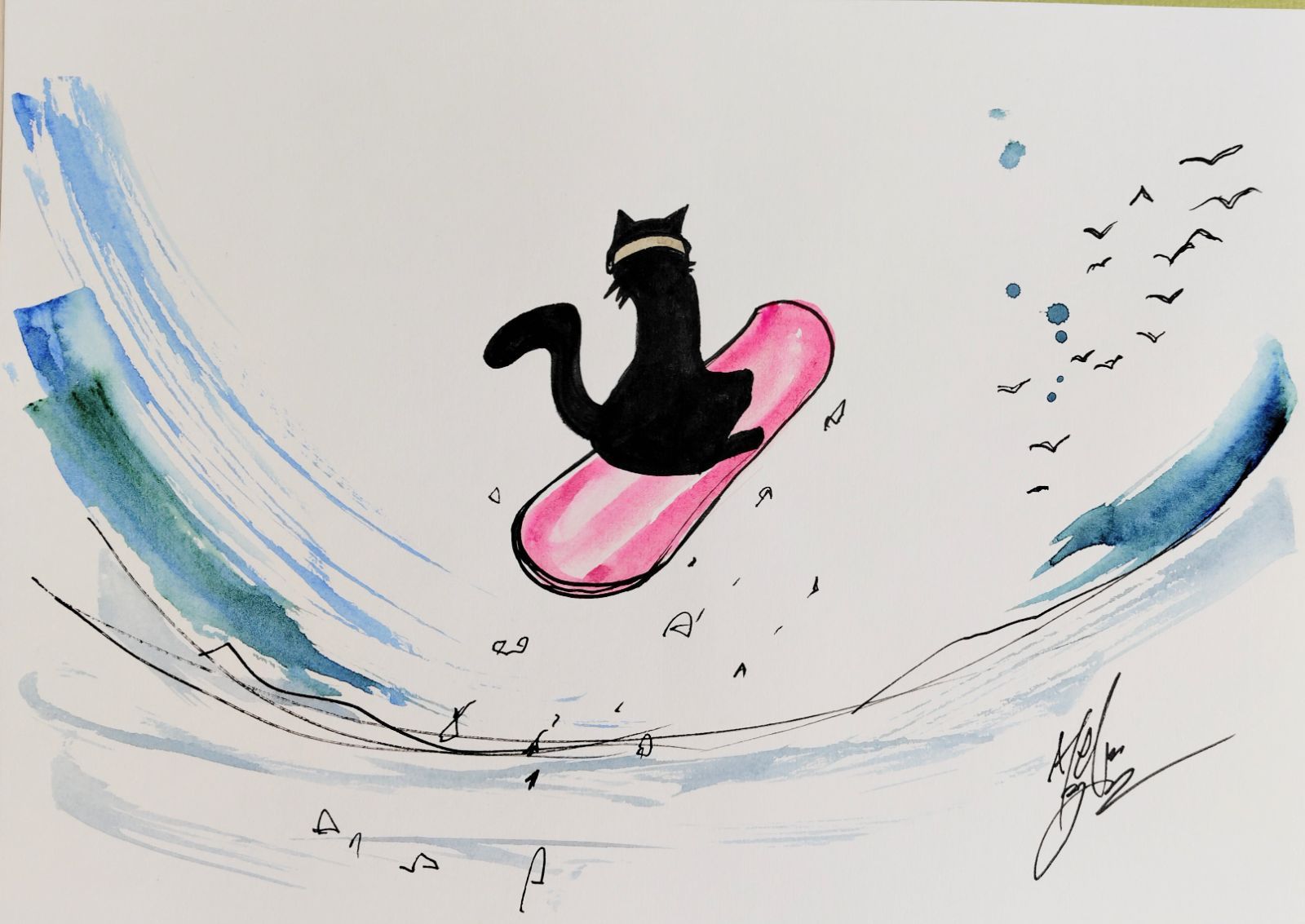 原画#124 黒猫 スノーボード 冬 雪 水彩画 ドローイング アート