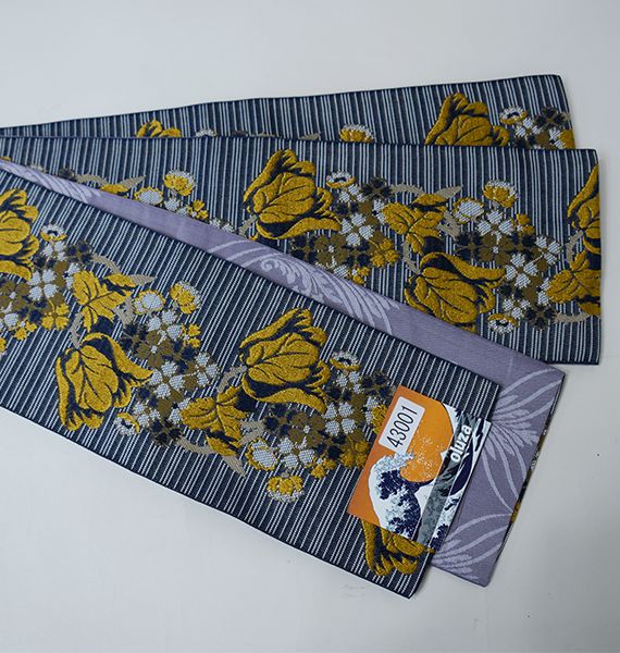 半幅帯 長尺約4.4m 浴衣帯 細帯 日本製 ポリエステル 袷 グレー×藤鼠