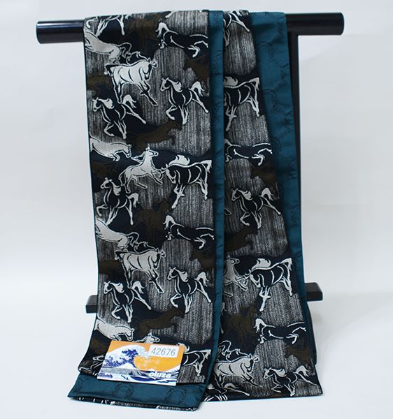 本場筑前博多織 半幅帯 ブルーグレー 織り出し花模様・縞模様 正絹 No2