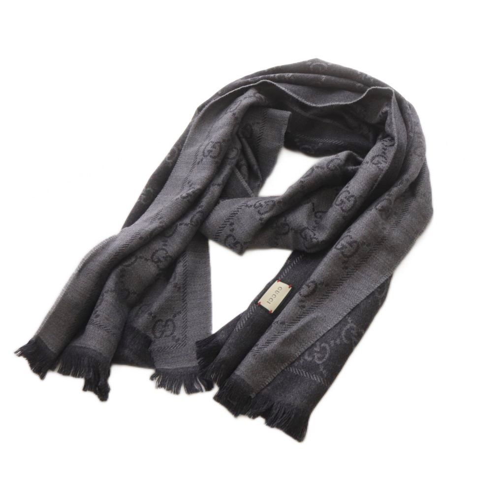 グッチ GUCCI ストール マフラー GG柄 ウール フリンジ グレー /YO6