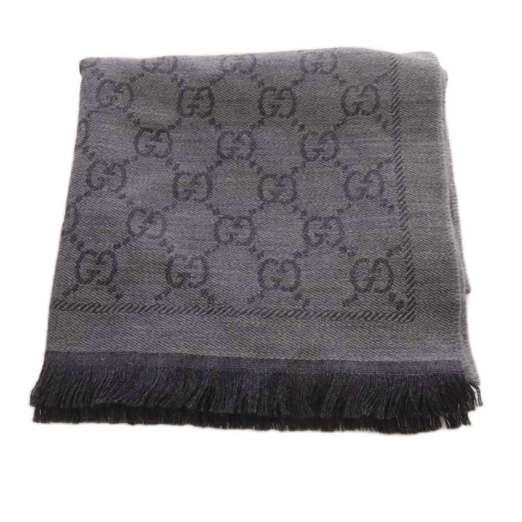 グッチ GUCCI ストール マフラー GG柄 ウール フリンジ グレー /YO6