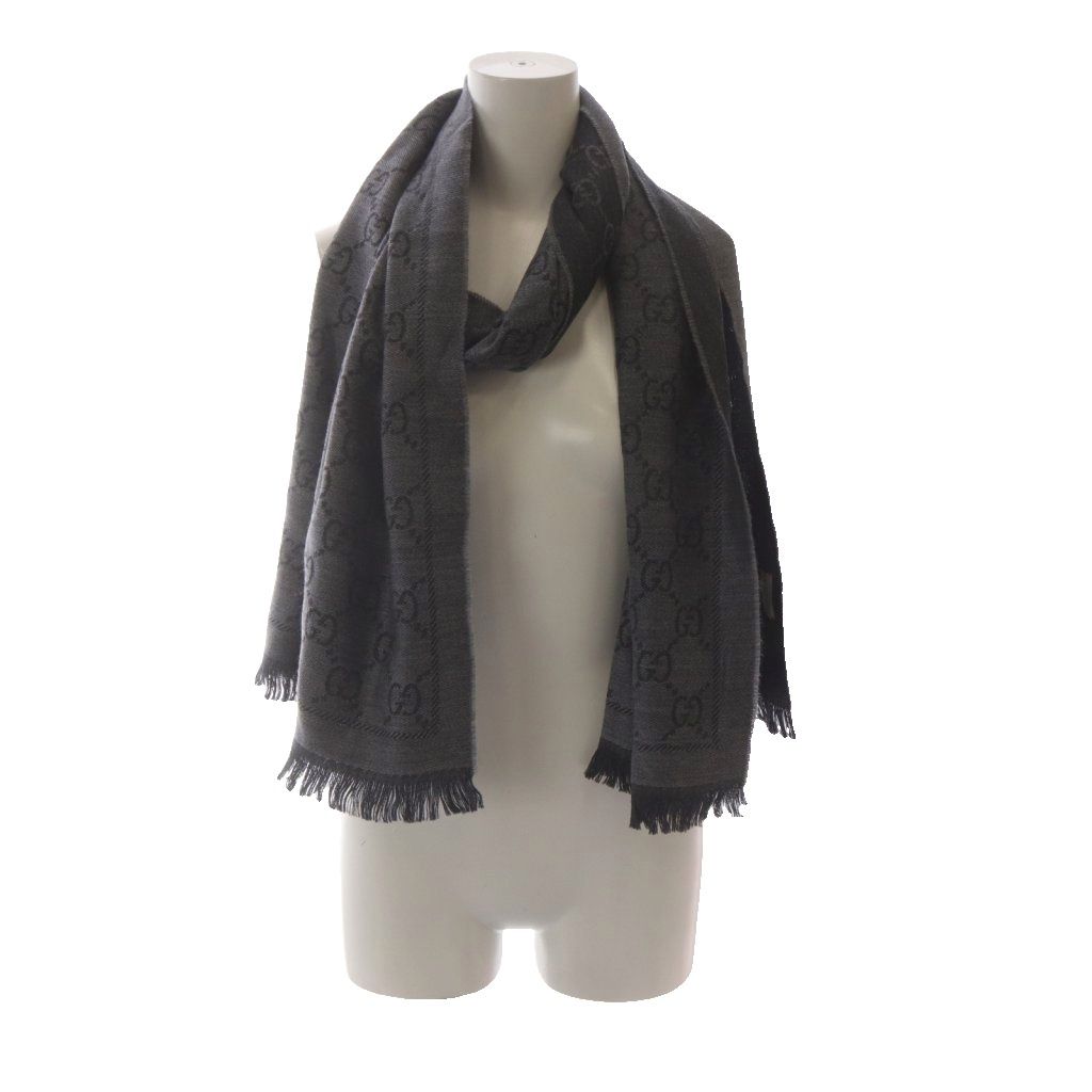 グッチ GUCCI ストール マフラー GG柄 ウール フリンジ グレー /YO6
