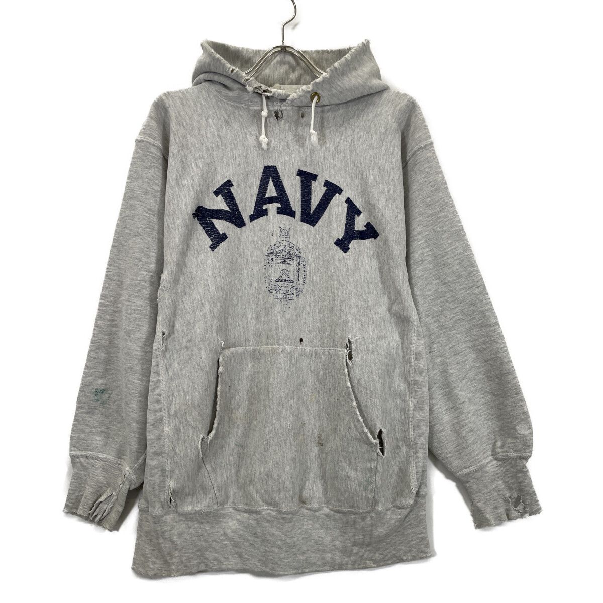 Champion チャンピオン 90's 刺繍ﾀｸﾞ ｸﾞﾚｰ U.S.NAVY ﾘﾊﾞｰｽｳｨｰﾌﾞﾊﾟｰｶｰ