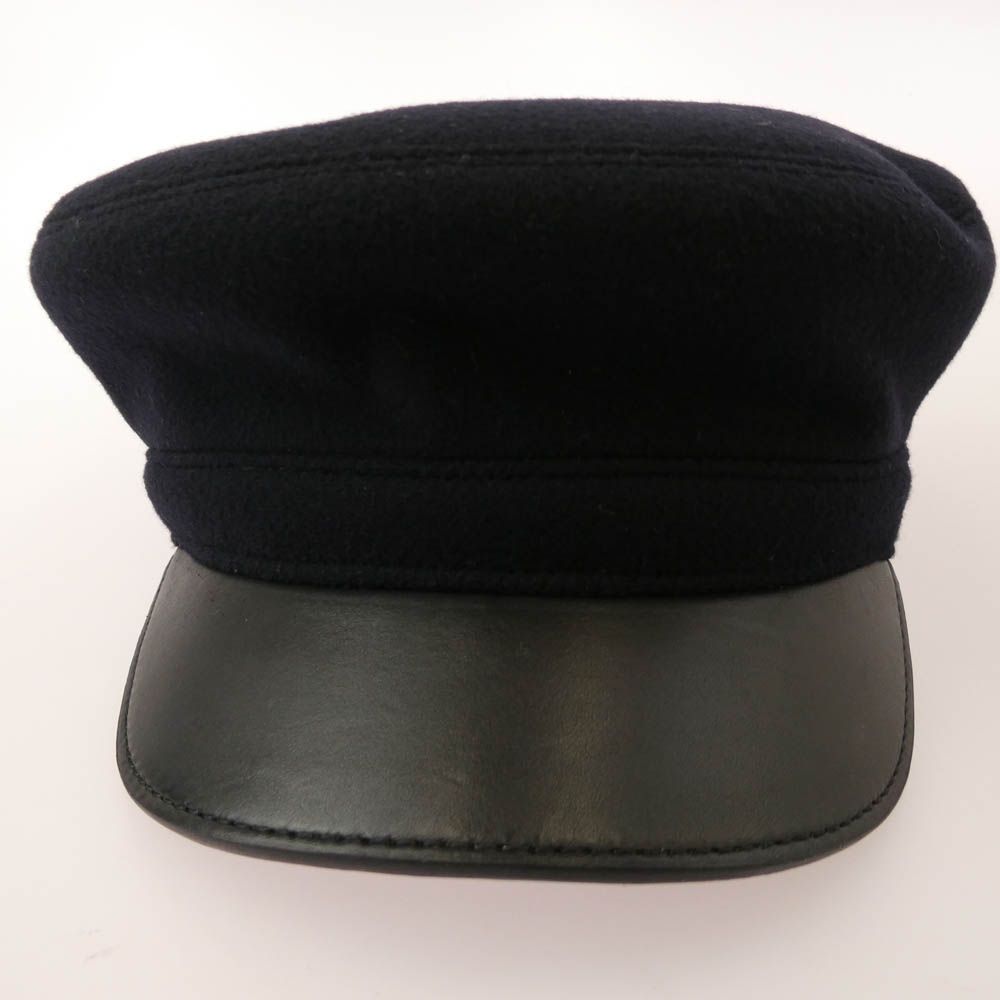 HERMES エルメス ウール ツバ部分ラムレザー切替 Hロゴ刺繍