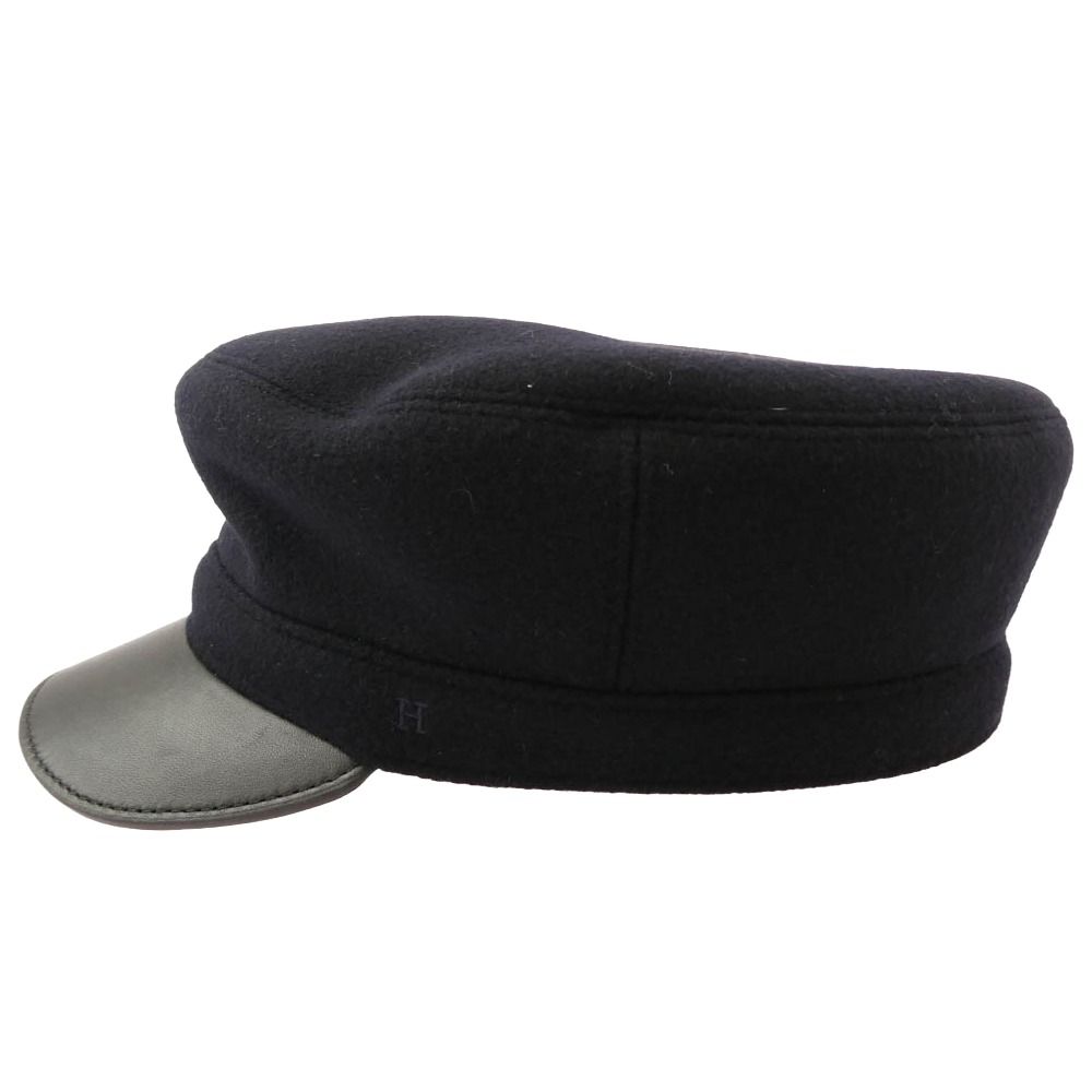 HERMES エルメス ウール ツバ部分ラムレザー切替 Hロゴ刺繍