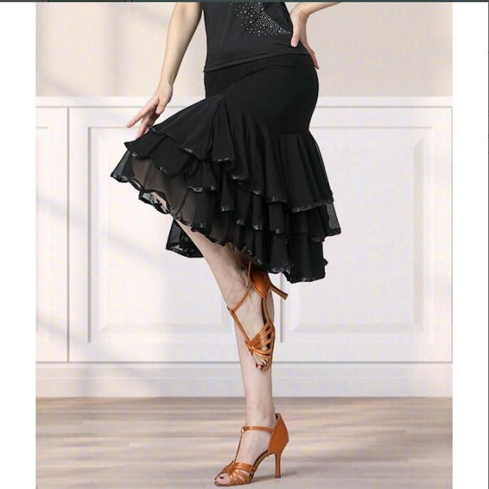 社交ダンス スカート ミドル丈 膝丈 チュールフリル3段重ね レディース