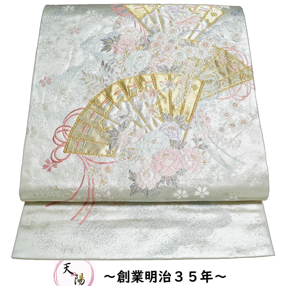 振袖用 桜花模様 振袖向き 金糸 乳白色系 六通柄 中古 袋帯