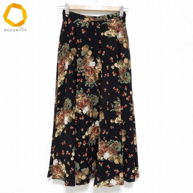 anc カネコイサオ KANEKO ISAO ロング スカート 果物柄 黒系 マルチ