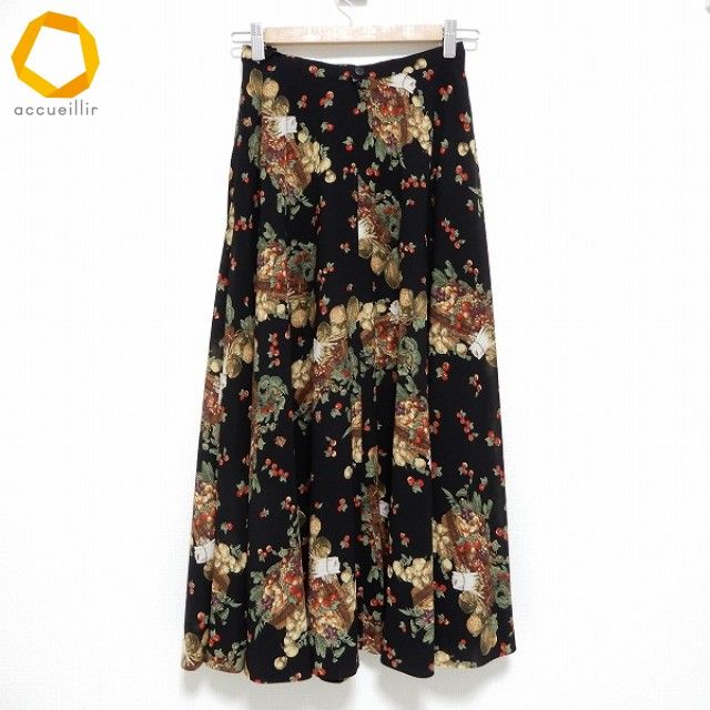 anc カネコイサオ KANEKO ISAO ロング スカート 果物柄 黒系 マルチ