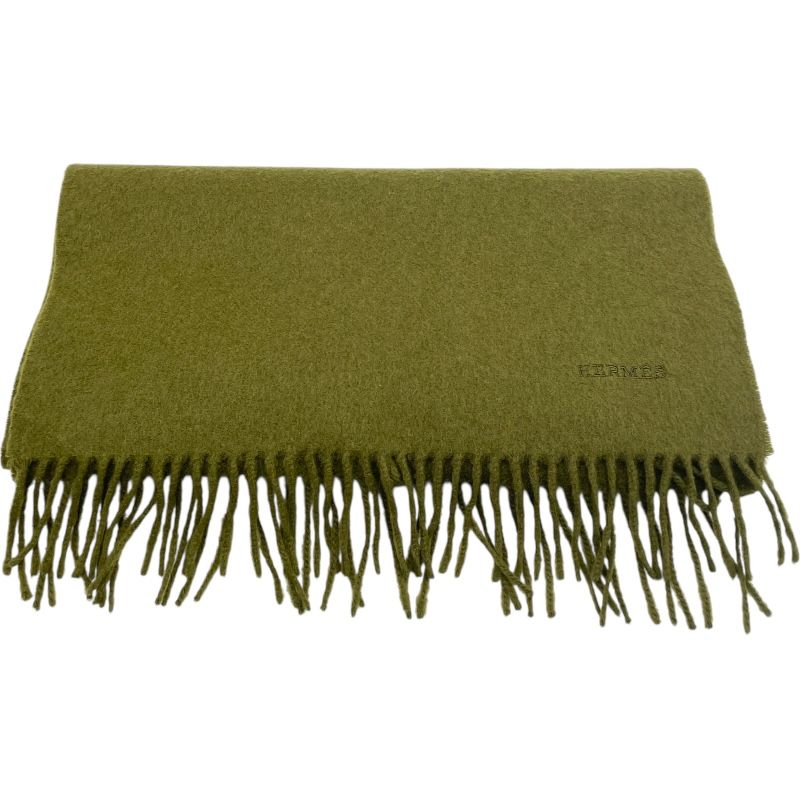 エルメス HERMES ロゴマフラー オリーブグリーン カシミヤ レディース