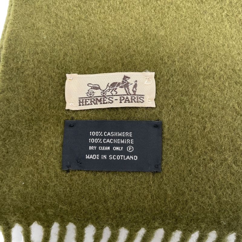 エルメス HERMES ロゴマフラー オリーブグリーン カシミヤ レディース