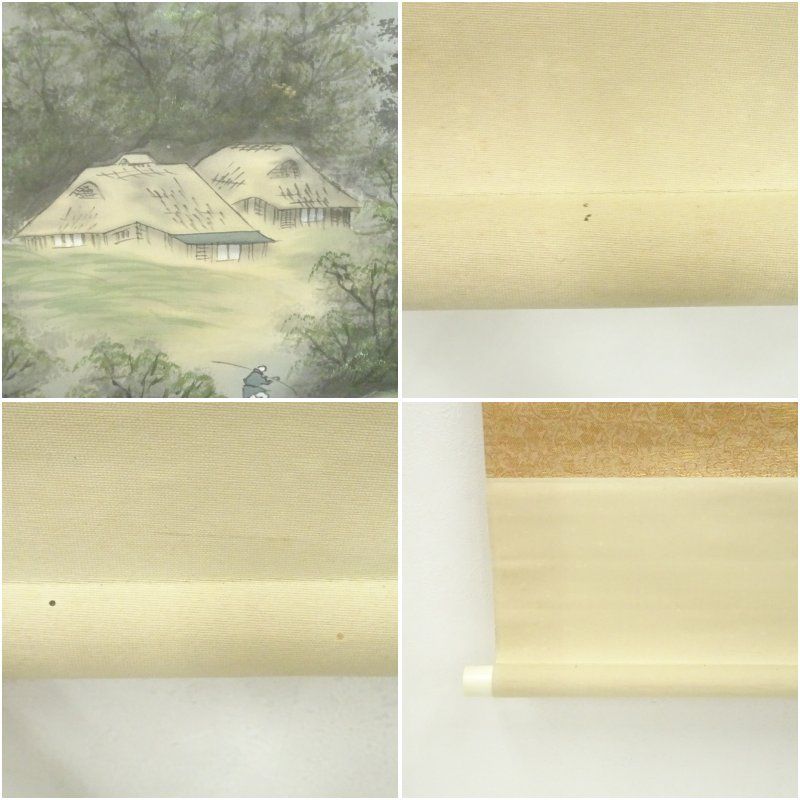 春泉筆 彩色山水 肉筆絹本掛軸（紙箱） 掛け軸 床の間 書 おしゃれ