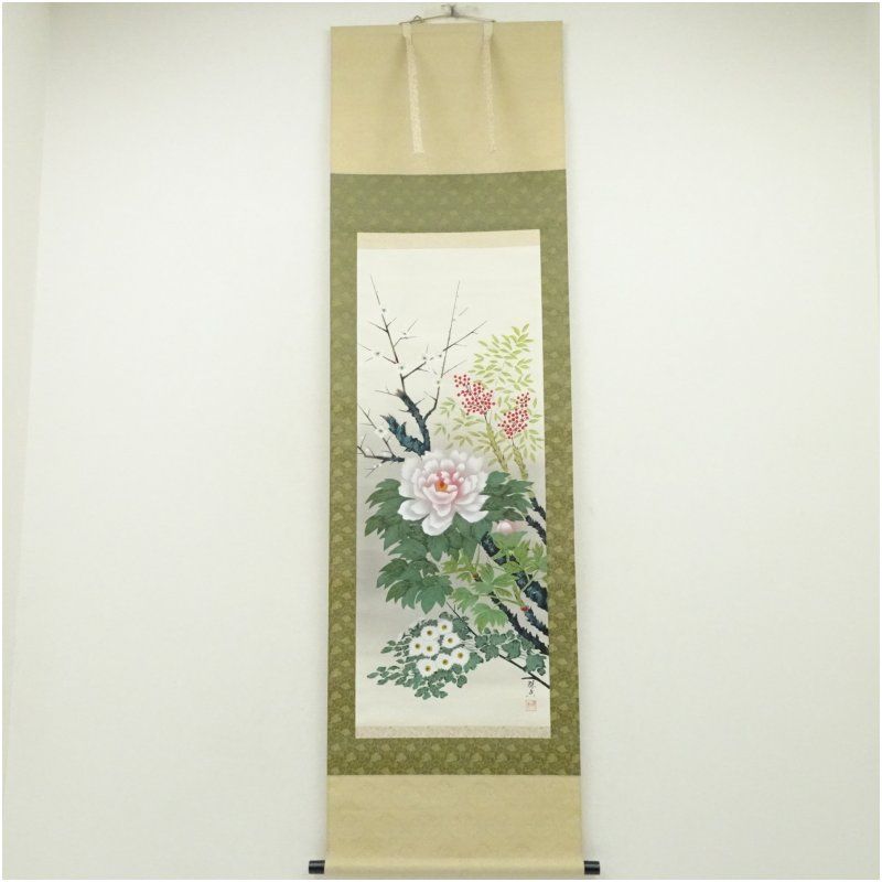 福島珠香筆 四季花 肉筆絹本掛軸（共箱） 掛け軸 床の間 書 おしゃれ
