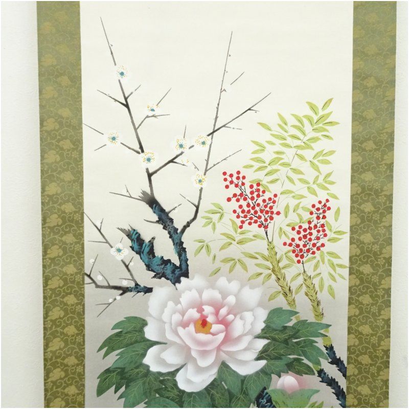 福島珠香筆 四季花 肉筆絹本掛軸（共箱） 掛け軸 床の間 書 おしゃれ