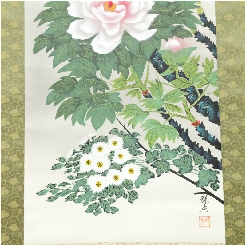 福島珠香筆 四季花 肉筆絹本掛軸（共箱） 掛け軸 床の間 書 おしゃれ