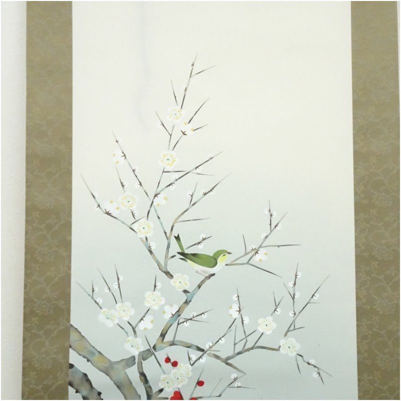 田中珠香筆 紅白梅鶯 肉筆絹本掛軸（共箱） 掛け軸 床の間 書 おしゃれ