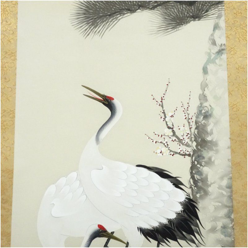 小栗春峰筆 松竹梅鶴亀 肉筆絹本掛軸（共箱） 掛け軸 床の間 書