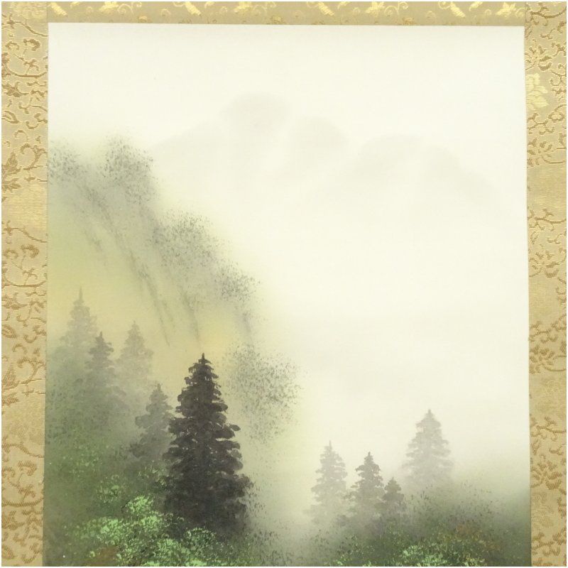 瑞景筆 青緑山水 肉筆絹本掛軸（共箱） 掛け軸 床の間 書 おしゃれ