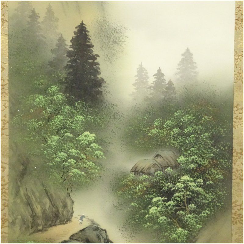 瑞景筆 青緑山水 肉筆絹本掛軸（共箱） 掛け軸 床の間 書 おしゃれ