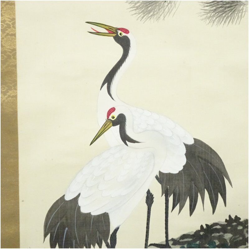 紫鳳筆 日の出鶴 肉筆絹本掛軸（保護箱） 掛け軸 床の間 書 おしゃれ