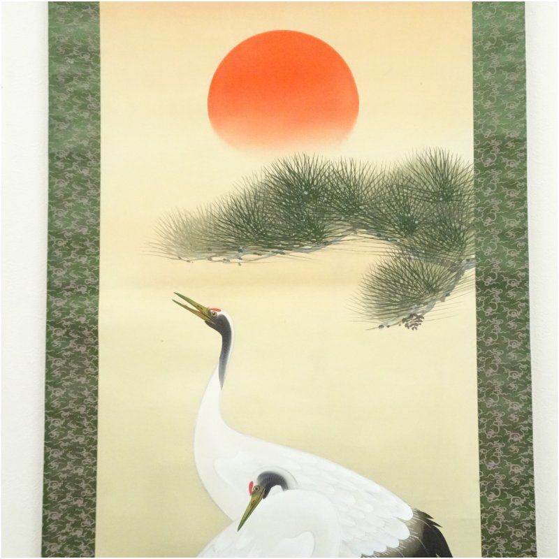 秋峰筆 松上双鶴 肉筆絹本掛軸（保護箱） 掛け軸 床の間 書 おしゃれ