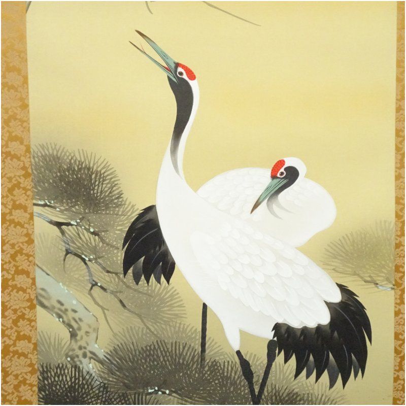 山下玄洋筆 松上双鶴 肉筆絹本掛軸（共箱） 掛け軸 床の間 書 おしゃれ