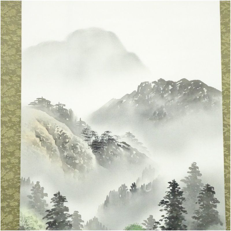 野田竹翠筆 彩色山水 肉筆紙本掛軸（共箱） 掛け軸 床の間 書 おしゃれ