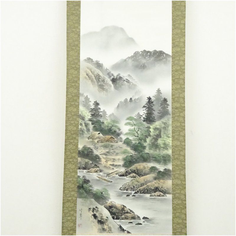 平野 翠雪 筆 彩色山水 掛け軸 掛軸 肉筆 共箱 水墨画 平野 翠雪 筆 彩色山水 掛け軸 掛軸 肉筆 共箱 水墨画