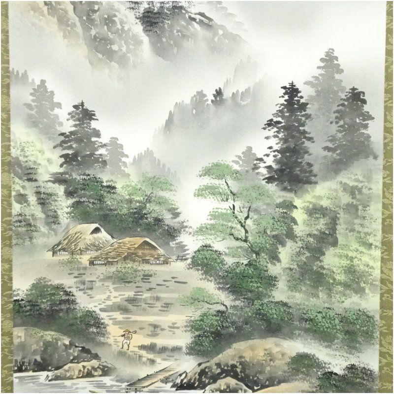 【本表装】肉筆掛け軸水墨画　山水画「山峡帆影」美術品　絵画　和室　茶室　床の間 西沢白樹筆 水墨山水 肉筆絹本掛軸（共箱） 掛け軸 床の間 書 おしゃれ