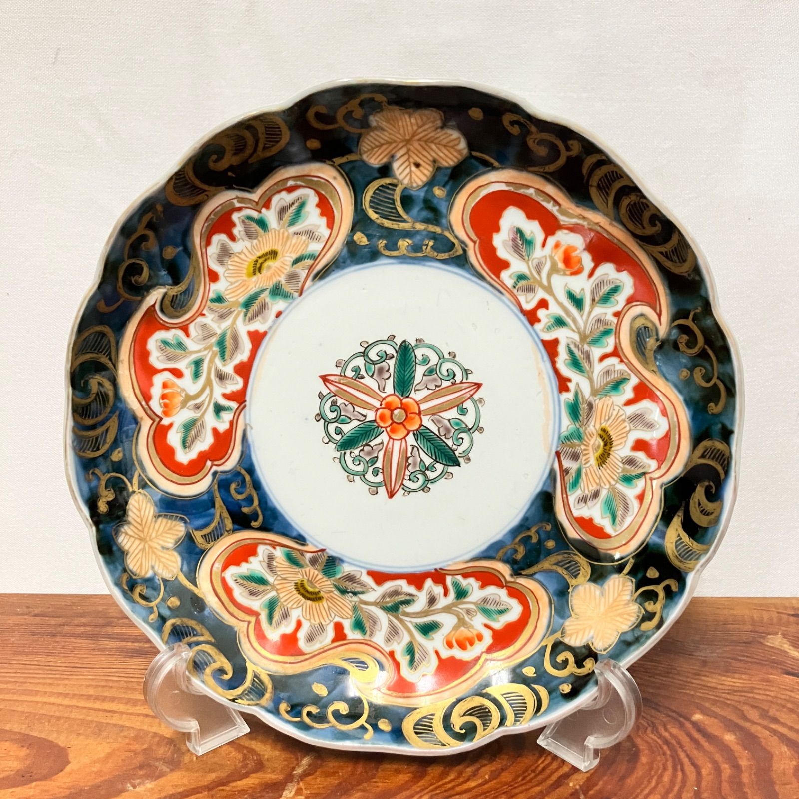 明治期 色絵金彩輪花皿 花文 唐草文 古伊万里風 骨董 |雑貨屋えこ