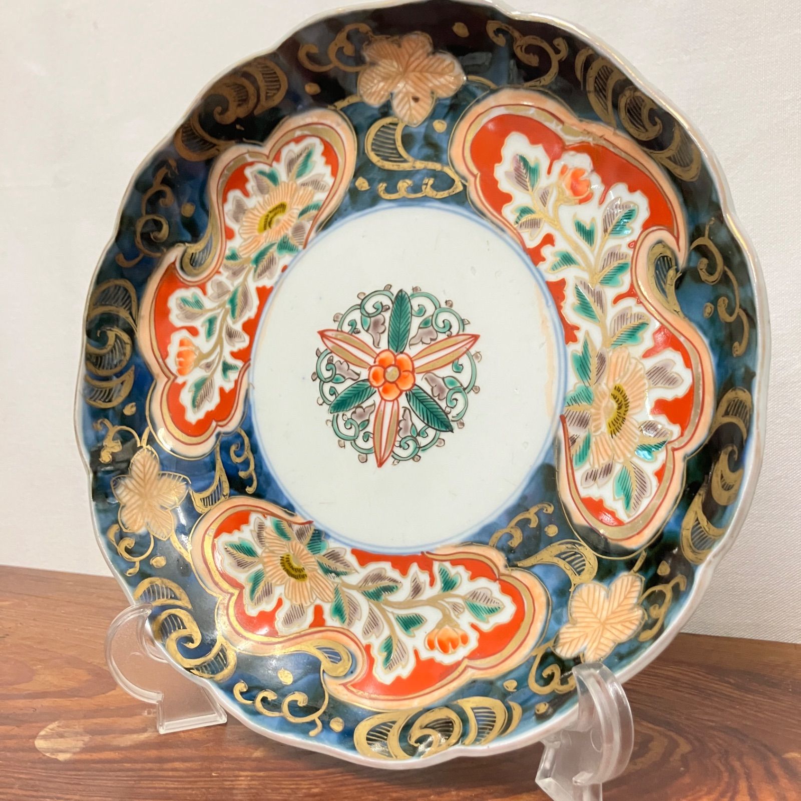 明治期 色絵金彩輪花皿 花文 唐草文 古伊万里風 骨董 |雑貨屋えこ