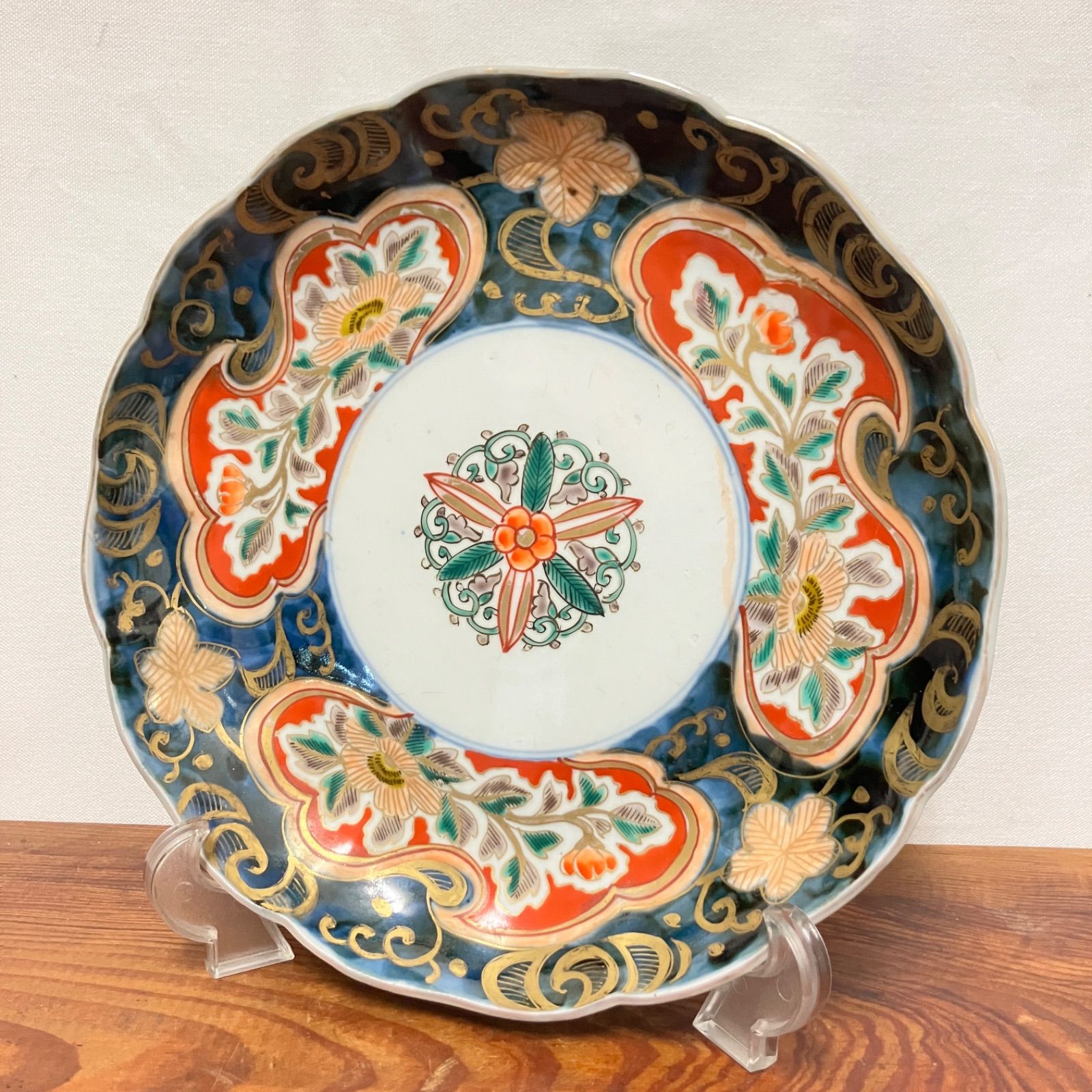 明治期 色絵金彩輪花皿 花文 唐草文 古伊万里風 骨董 |雑貨屋えこ