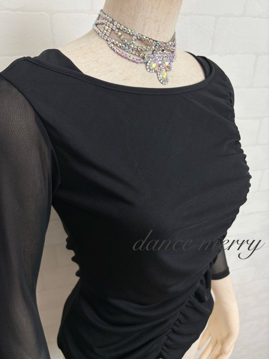 難あり特価品 新品 社交ダンス ギャザー トップス 黒 レッスン 8258