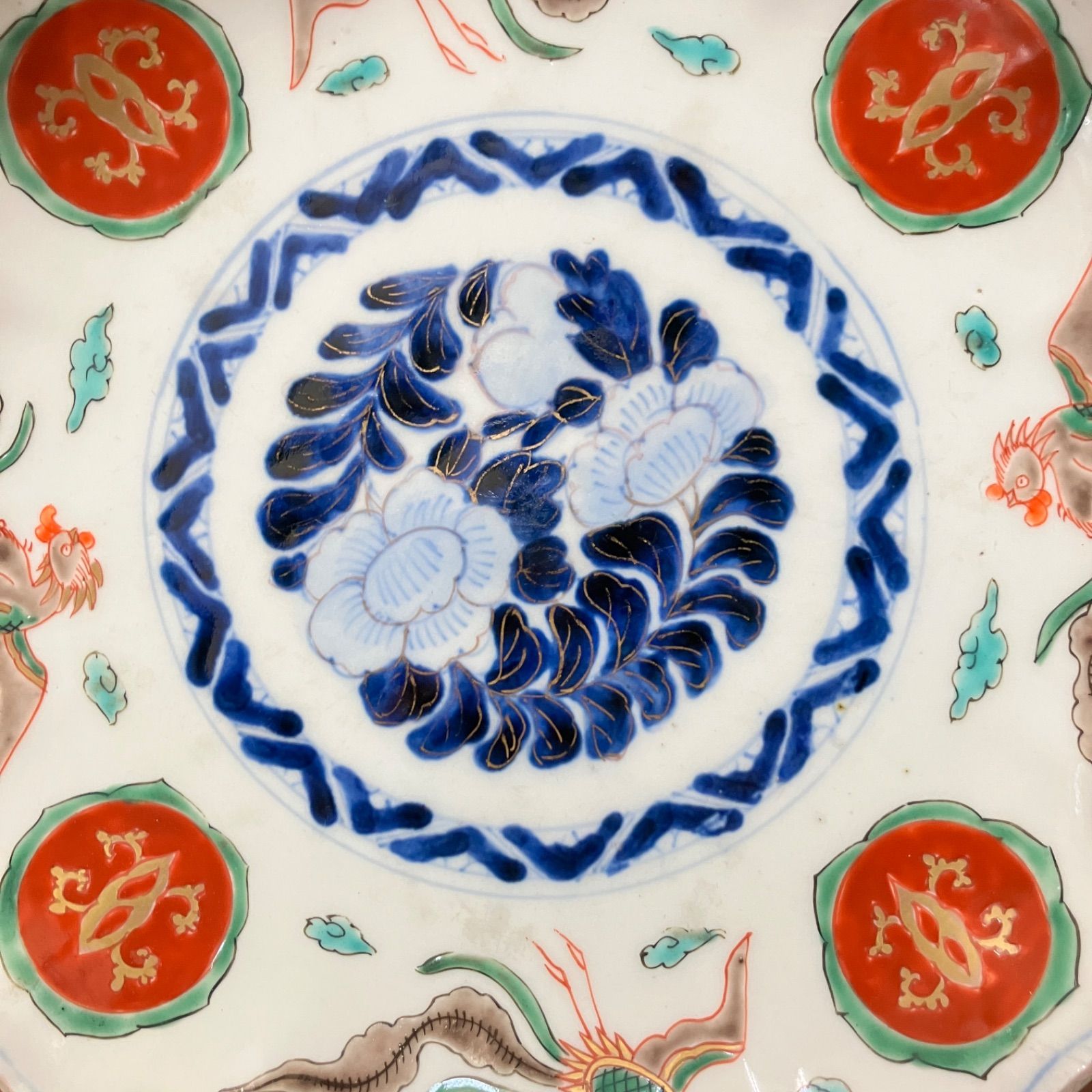 花型 中皿 白磁 色絵付 明治前後 鳳凰 希少品 4枚 古伊万里 花型 中皿 白磁 色絵付 明治前後 鳳凰 希少品 4枚 古伊万里