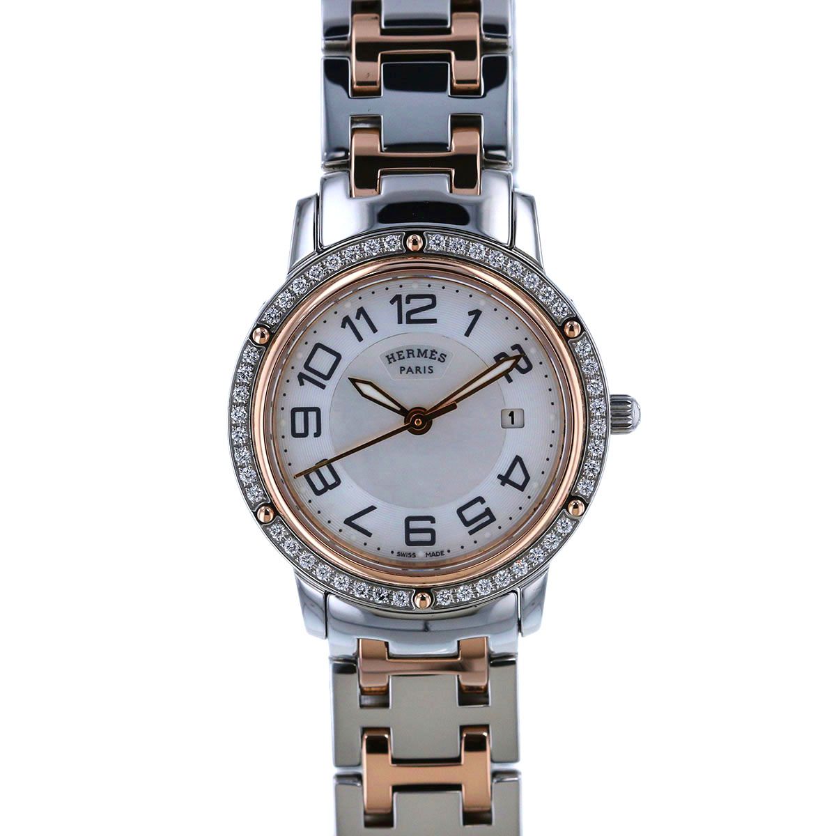 HERMES エルメス クリッパー ナクレ ダイヤベゼル シェル文字盤 腕時計