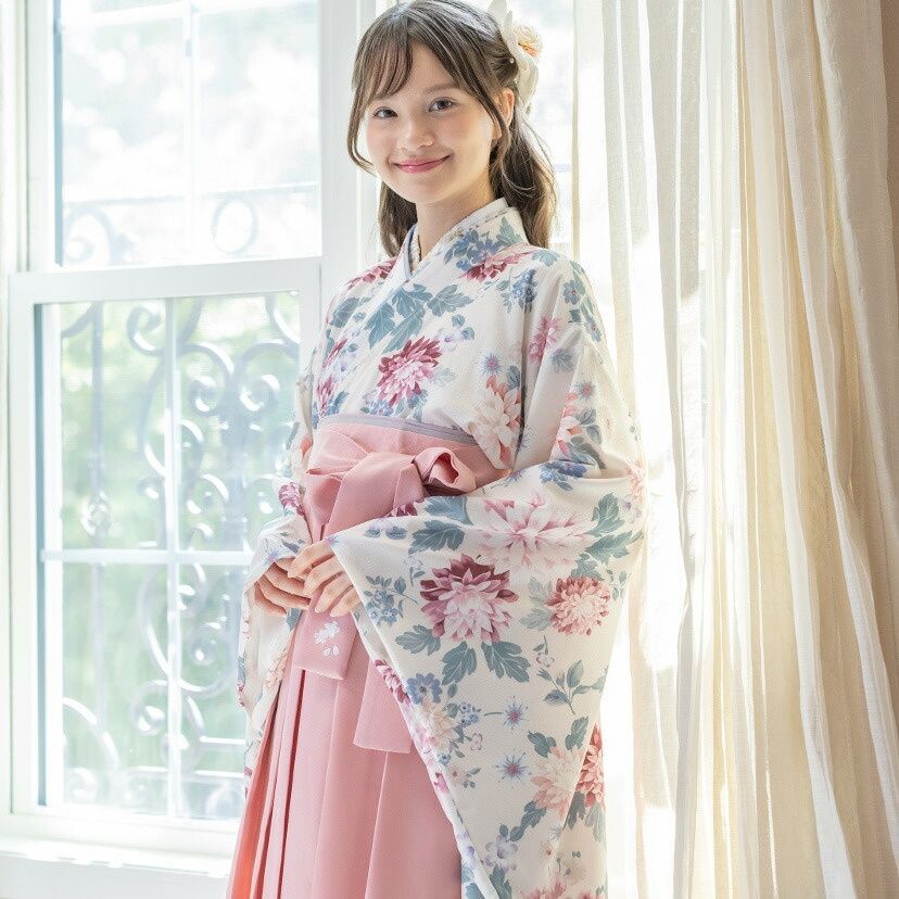 キャサリンコテージ ダリアベージュ×桃色 花柄着物ドレス 袴 160cm HAKAST29-B1】袴一体型オールインワン着物ワンピース （ダリアベージュ