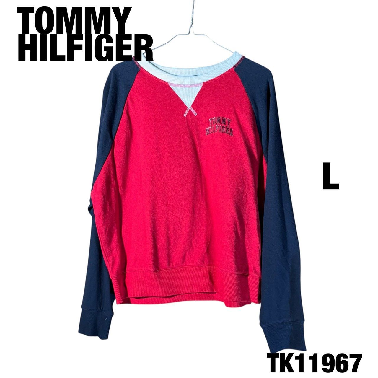 TOMMY HILFIGER トレーナー 長袖 L レッド ネイビー クルーネック 