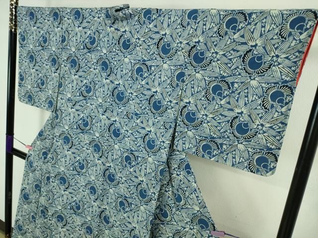 平和屋着物○極上 本藍 型絵染 小紋 ふくら雀 笹 鬼しぼ縮緬 逸品 未