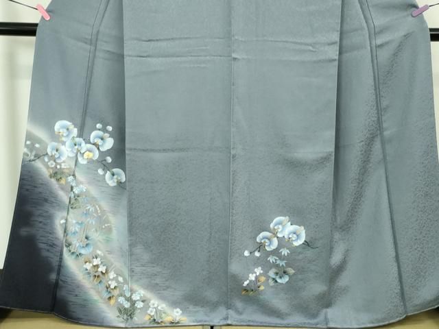 平和屋着物○極上 訪問着 螺鈿 胡蝶蘭 草花文 青藤色地 暈し染め 金銀