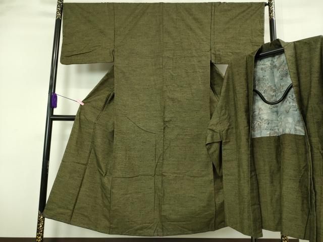 平和屋着物○極上 男性 紬 アンサンブル 国防色 逸品 未使用