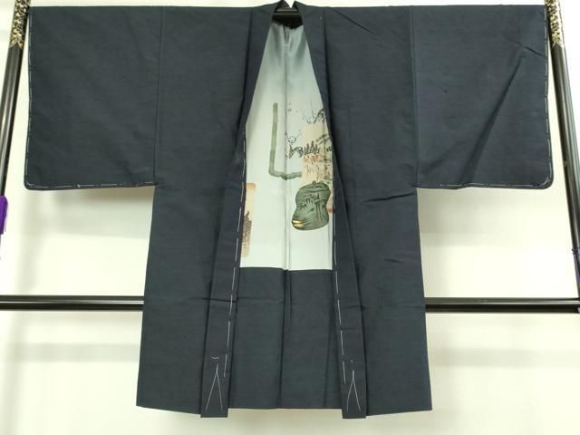 平和屋本店■極上 男性 お召 アンサンブル キングサイズ 長襦袢(袷)・長羽織セット 格子地紋 着物：藍墨茶色 羽織：藍鉄色 逸品　DZAB2193kh6 平和屋着物□極上 男性 紬 アンサンブル 長襦袢(袷)・長羽織セット 色