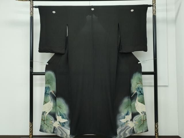 平和屋着物●極上　アンティーク　大正ロマン　黒留袖　仮絵羽　相良刺繍　群鶴松文　暈し染め　鬼しぼ縮緬　逸品　CZAA4551s6 平和屋着物○極上 アンティーク 大正ロマン 黒留袖 仮絵羽 相良刺繍 群