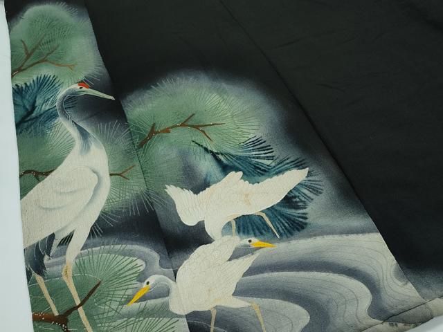 平和屋着物●極上　アンティーク　大正ロマン　黒留袖　仮絵羽　相良刺繍　群鶴松文　暈し染め　鬼しぼ縮緬　逸品　CZAA4551s6 平和屋着物○極上 アンティーク 大正ロマン 黒留袖 仮絵羽 相良刺繍 群