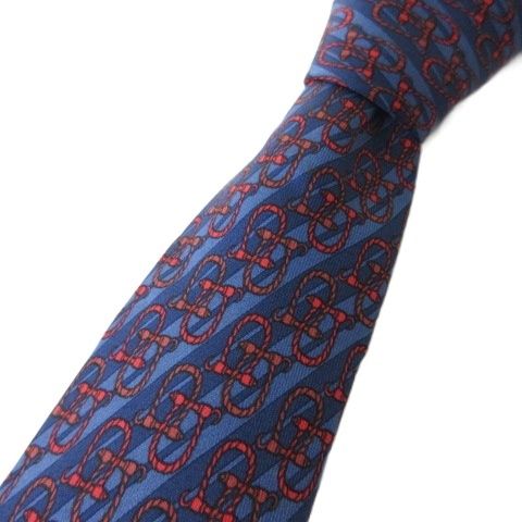未使用近い エルメス H柄 シルク ネクタイ ネイビー×レッド 光沢感 HERMES/エルメス】 ネクタイ シルク100％ ネイビー/レッドドット柄
