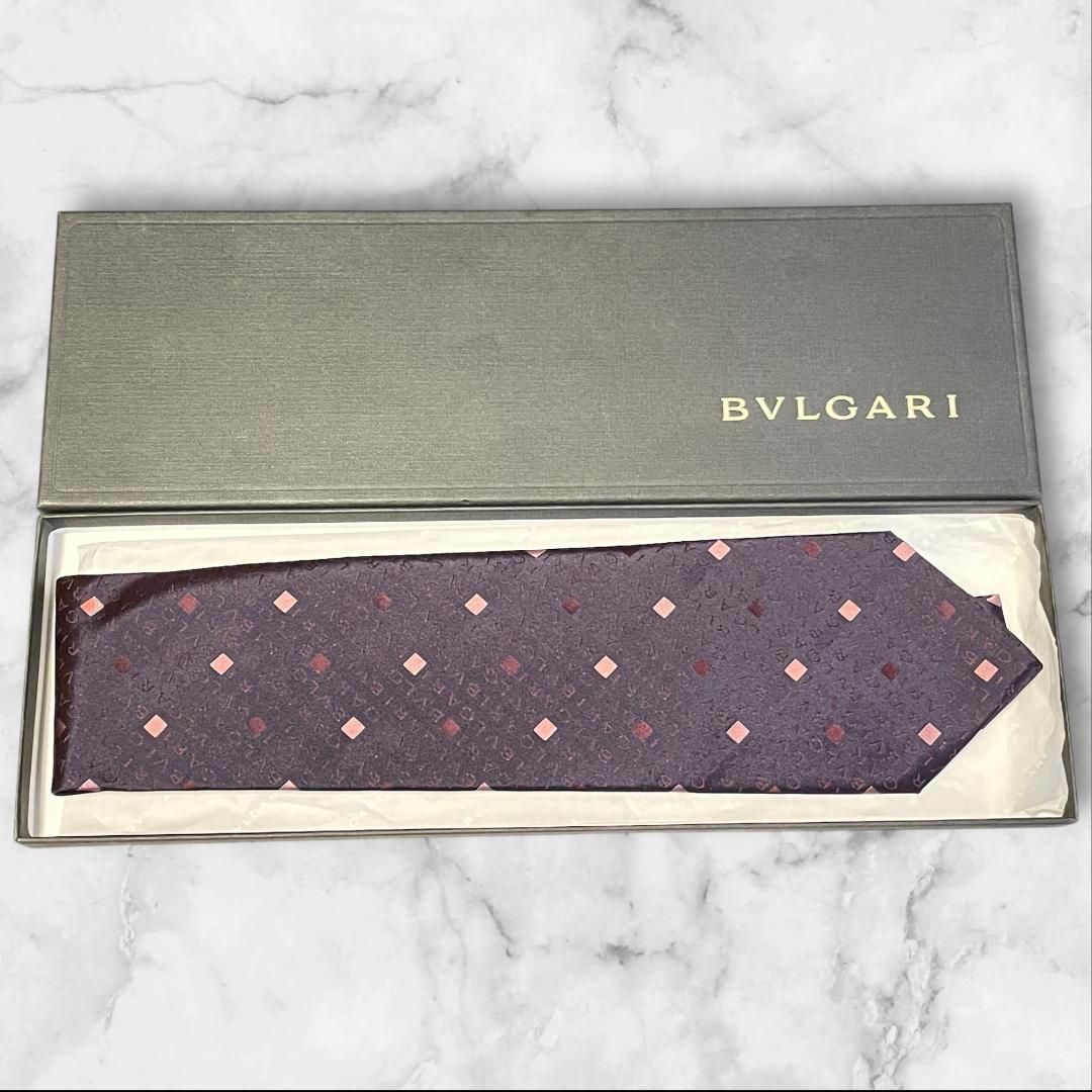 ブルガリ ネクタイ シルク100 箱あり 高級 紫系 ドット柄 イタリア製