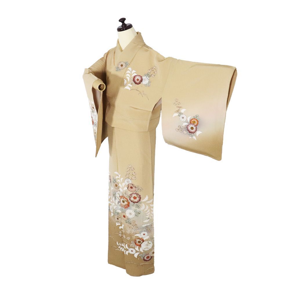 辻が花訪問着 袷 正絹 薄茶 暈し 絞り 辻が花 菊花 Lサイズ ki31536