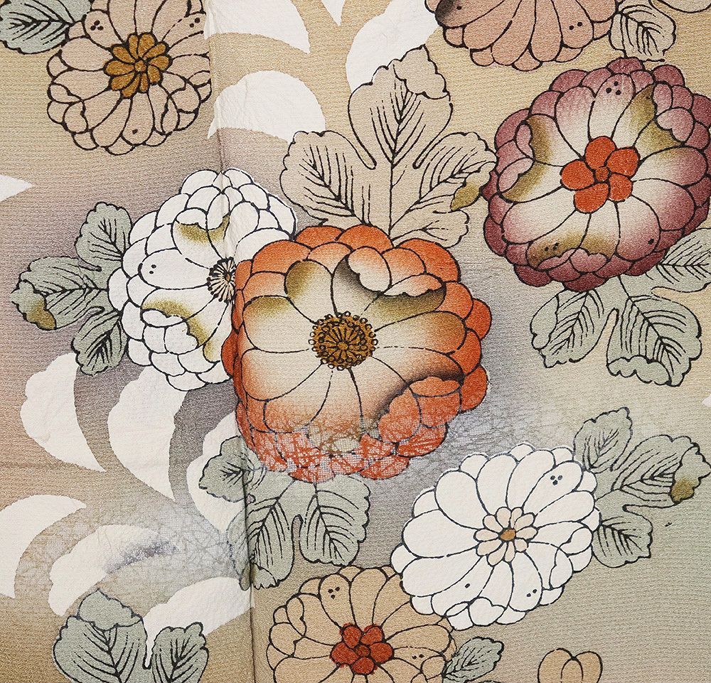 辻が花訪問着 袷 正絹 薄茶 暈し 絞り 辻が花 菊花 Lサイズ ki31536