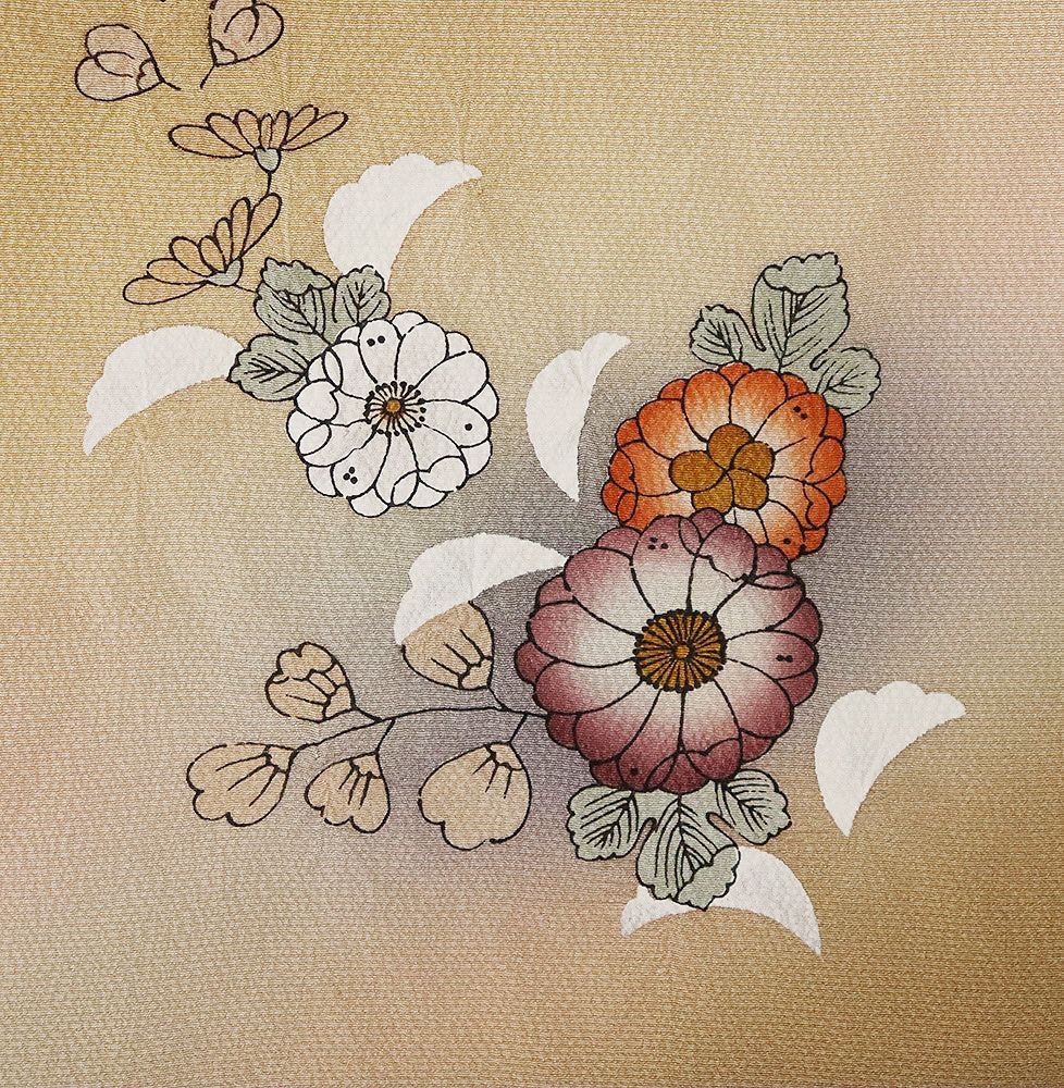 辻が花訪問着 袷 正絹 薄茶 暈し 絞り 辻が花 菊花 Lサイズ ki31536