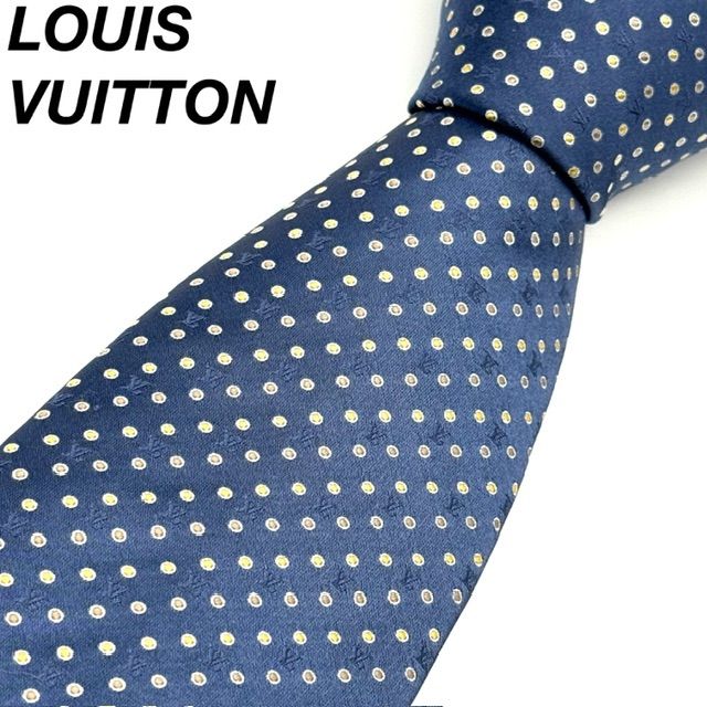 人気✨ルイヴィトン　ネクタイ　シルク　モノグラム柄　ネイビー　水玉 LOUIS VUITTON モノグラム柄 ドット 水玉 シルク イタリア製 ネクタイ