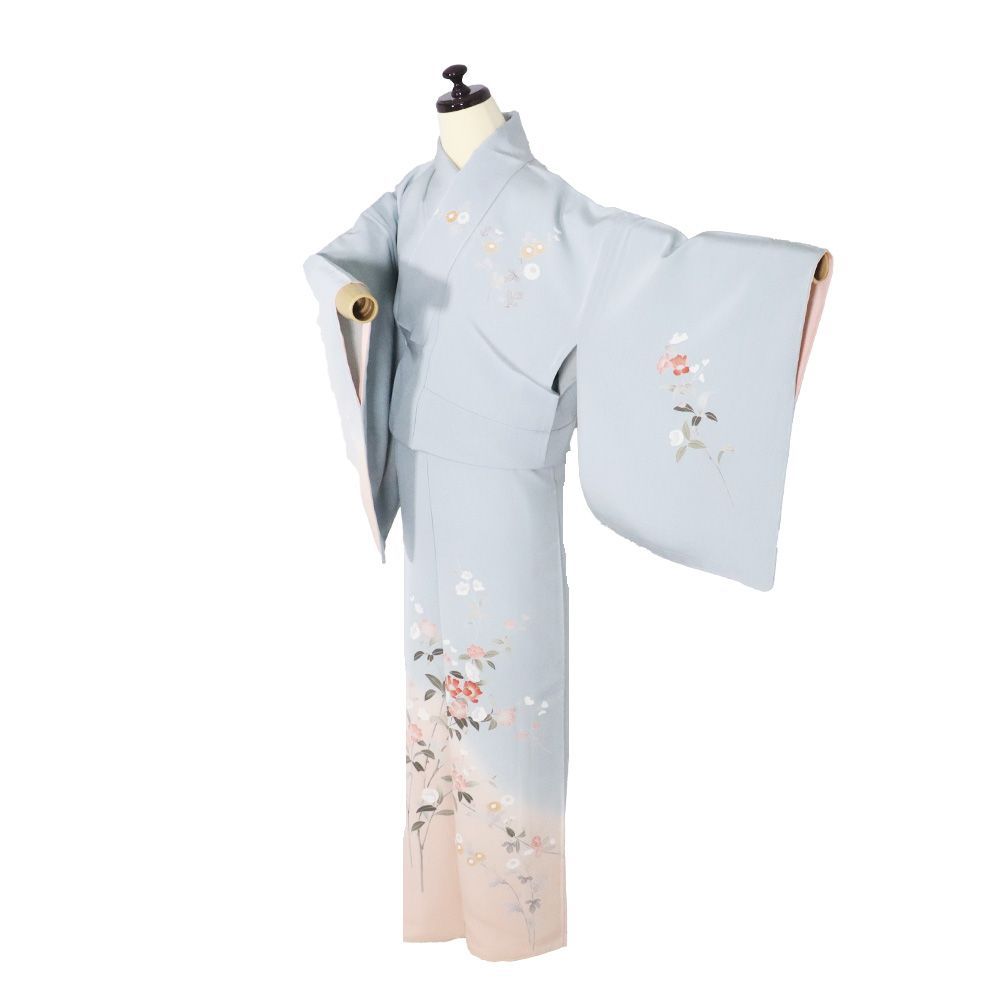 友禅訪問着 袷 正絹 水色 ピンク 暈し 菊 椿 Lサイズ ki31553 新品